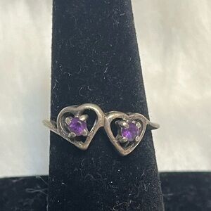 Unmarked Sterling Double Heart Amethyst Ring